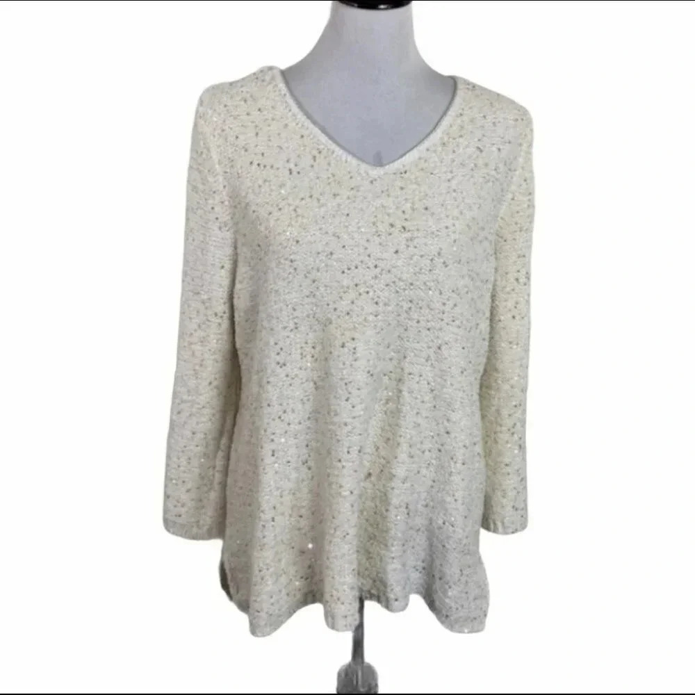 Chico's Sequin Boucle Sweater‎ Size 3 XL Cream Ivory V-Neck Metallic Sparkle